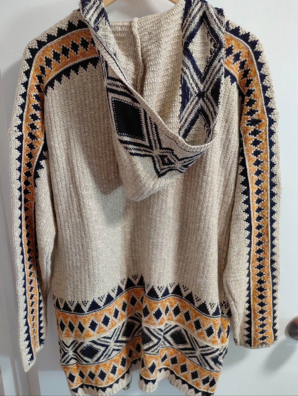 Lucky Brand Yellow Cream Knit Open Front Aztec-Pattern Cardigan Sweater W/Hood - Picture 2 of 11